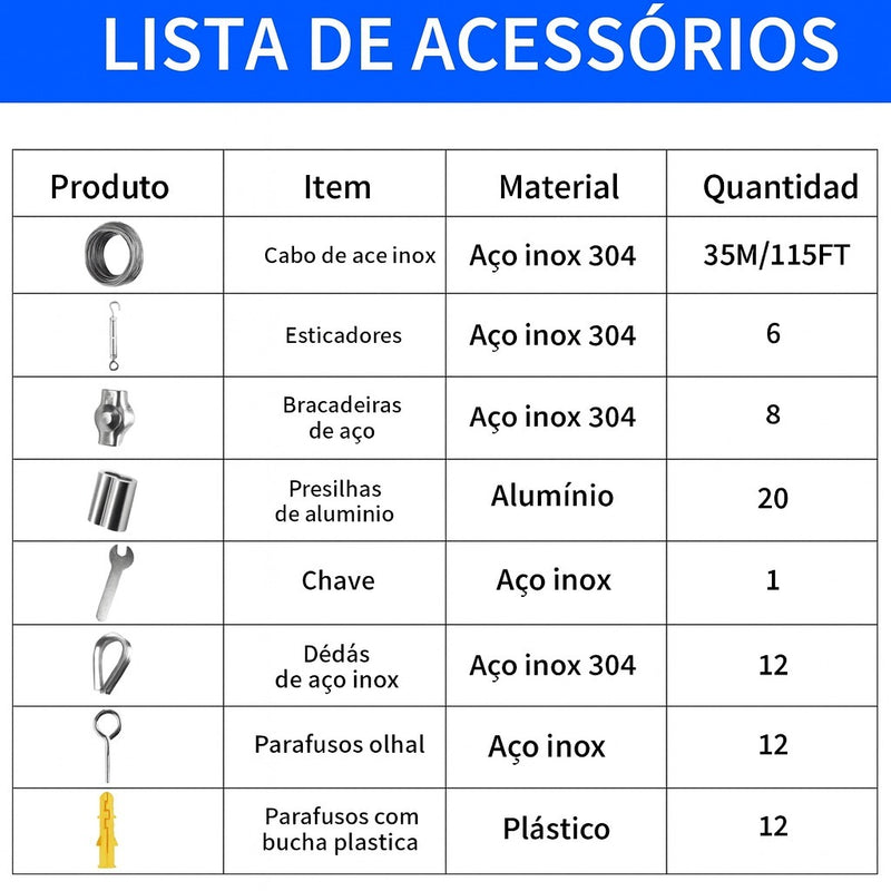 Kit instalação 72 peças - cabo de aço 35m - Telas Comfort